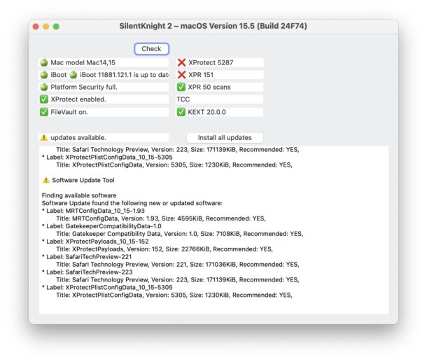 SilentKnight identifies security updates needed that have not yet installed to MacOS