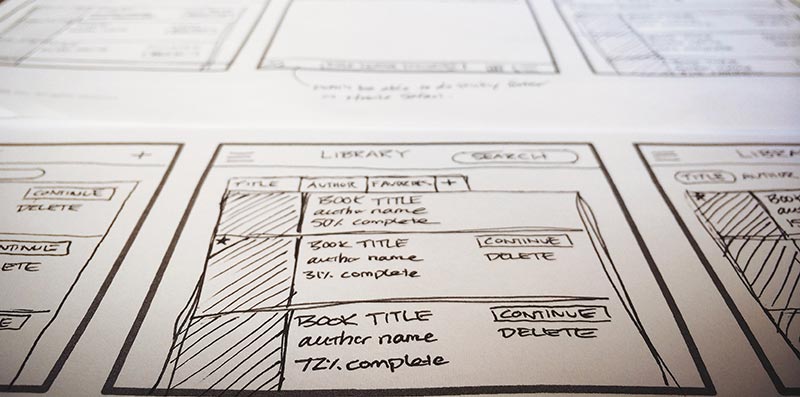 A close up photo of a set of paper wireframes for a website project I worked on years ago.