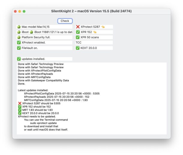 Xprotect needs an update but SilentKnight provides the necessary command for the terminal to make it easy