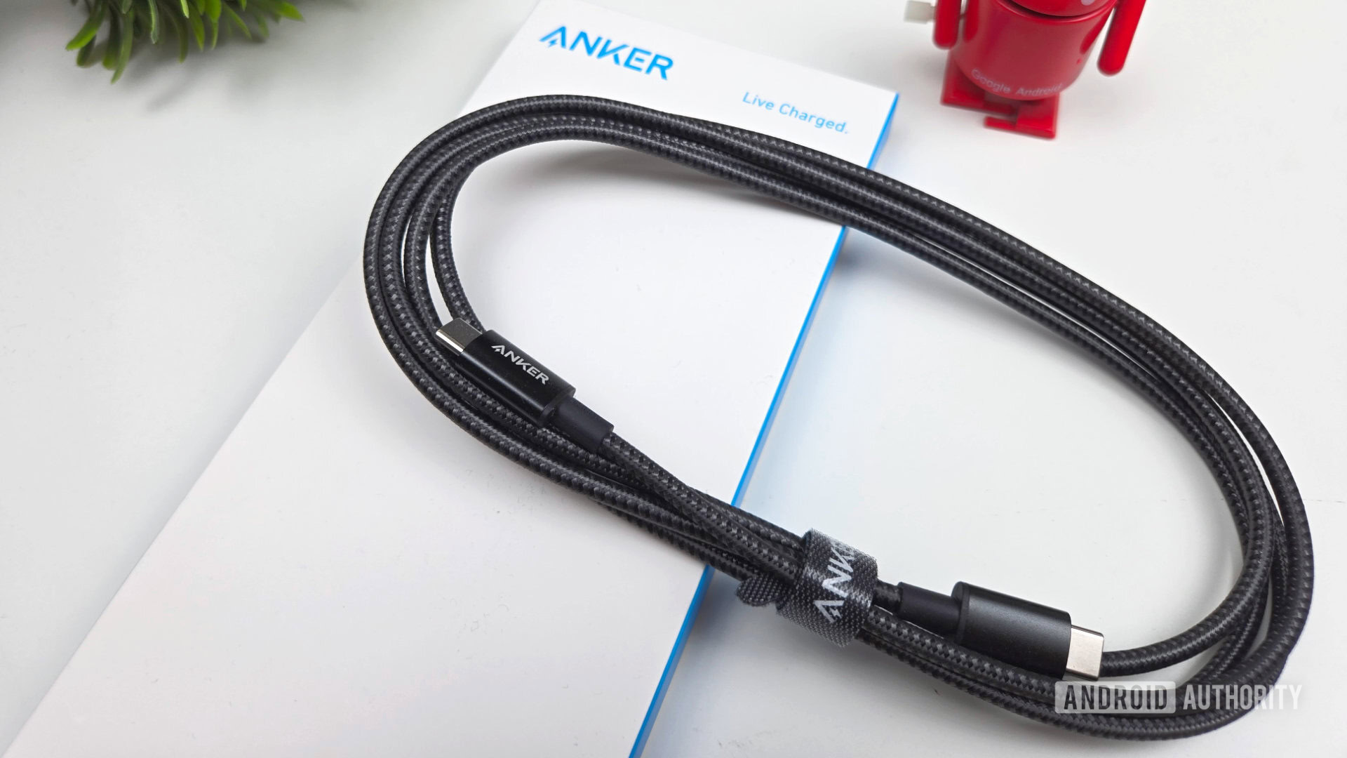 Anker usb c cable on top of box on a desk