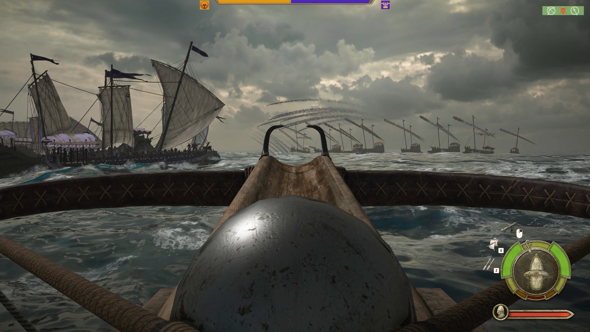 A ship battle viewed from a ballista's sights in Mount & Blade II: Bannerlord War Sails.