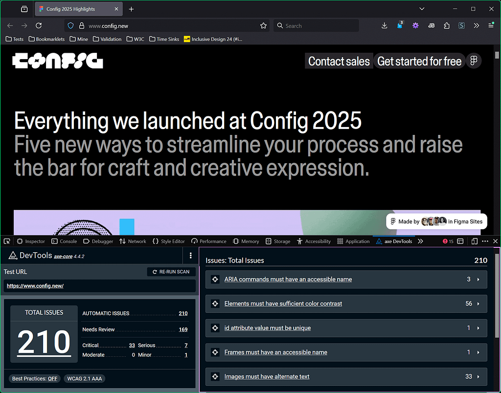 Screenshot showing 210 WCAG accessibility violations detected in Figma Sites demo, with critical errors highlighted in red including missing alt text and contrast issues