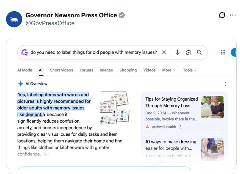 Screenshot of a tweet showing a search query about labeling for memory issues, highlighting advice recommending visual cues for older adults with dementia