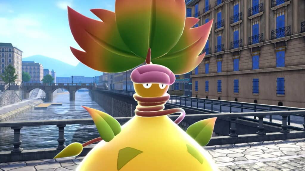 Mega Bellossom stands near a stone bridge and canal during Pokémon Mega Evolutions