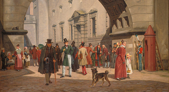 Nineteenth-century street scene in Copenhagen, 1831, showing pedestrians in period clothing gathered beneath a large stone archway, with soldiers, civilians, and a dog in the foreground, and classical buildings lining a sunlit public square.