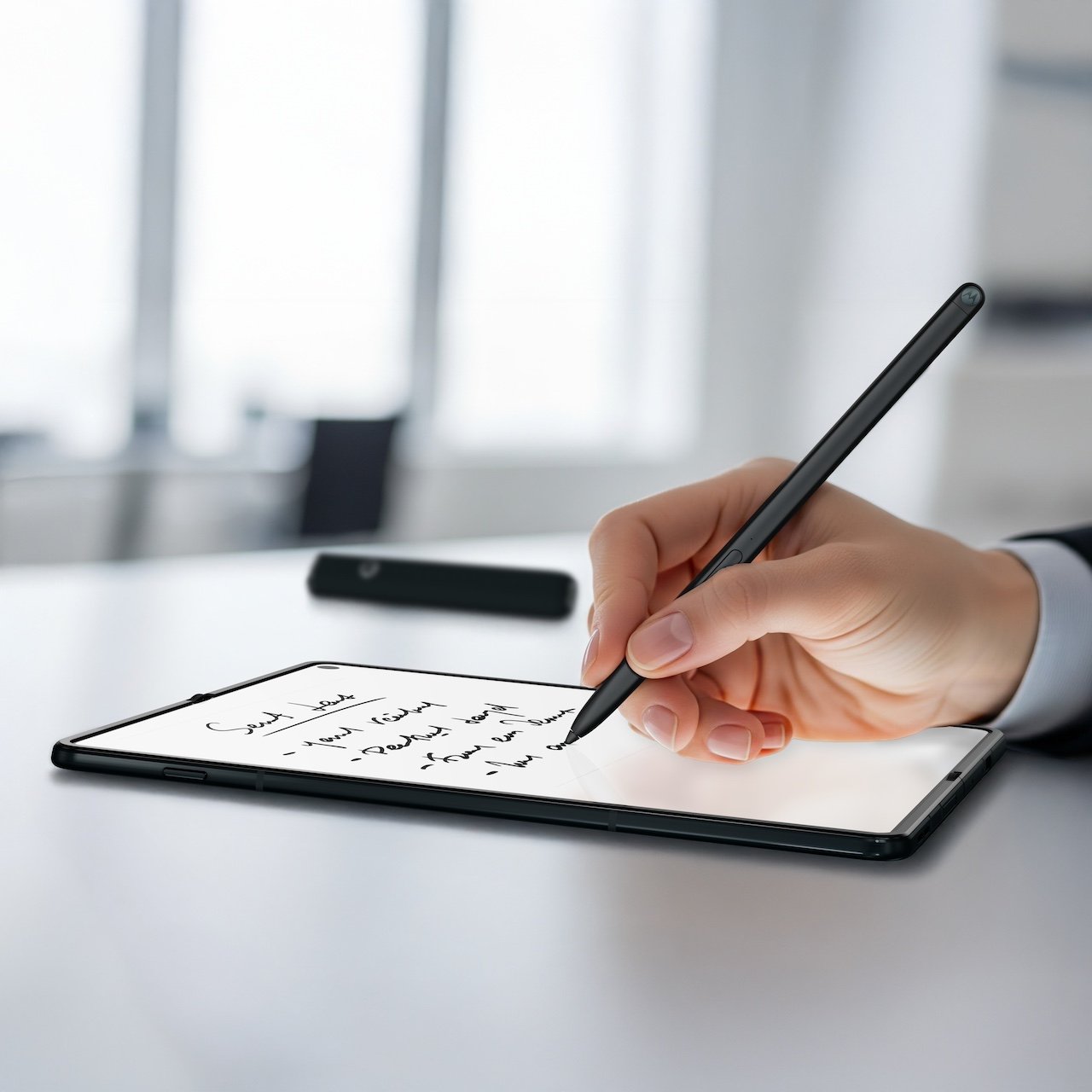 View of hand holding stylus and scribbling on Motorola Razr Fold screen