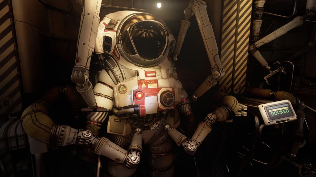 Astronaut suit surrounded by robotic arms in a space facility in ONTOS