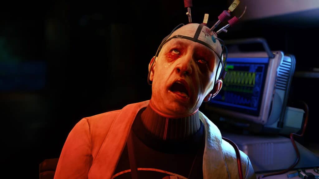 Person wearing a neural device during an experiment scene in ONTOS