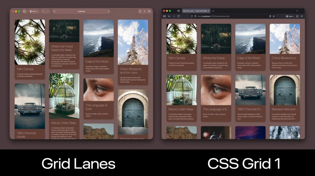 A comparison showing two masonry-style card layouts labeled 'Grid Lanes' and 'CSS Grid 1' with different arrangements of image cards.