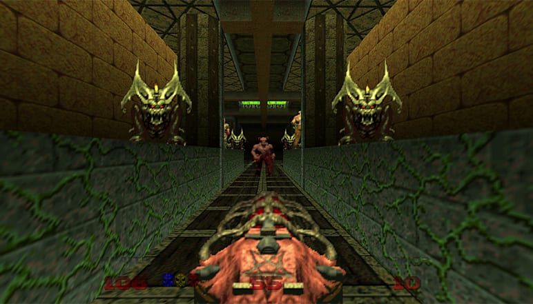 The player storms a hallway with the Unmakyr weapon in DOOM 64