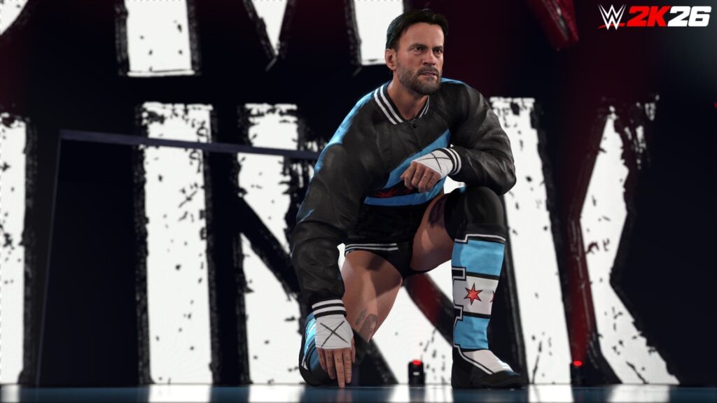 A WWE 2K26 wrestler kneels on the stage in focused concentration moments before entering the ring