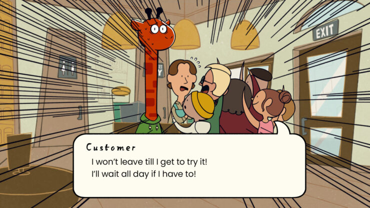 Asocial giraffe - A giraffe turns red as a crowd of customers rush a counter.