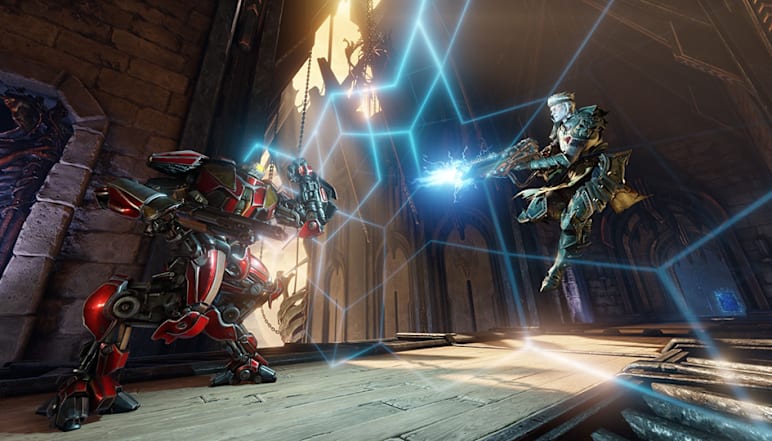 Two players battle it out in a match of Quake Champions