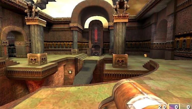 Gameplay of Quake III Arena, looking over a sunlit map