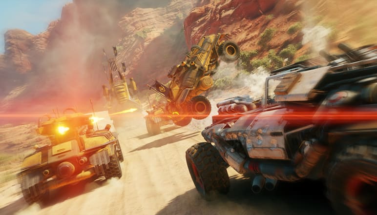 Multiple vehicles duke it out in the wasteland of RAGE 2
